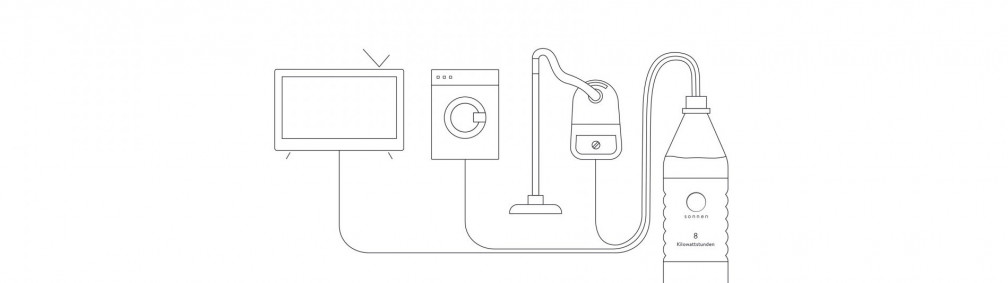 Illustration som visar en sonnenBatterie som en vattenflaska som driver olika hushållsapparater.
