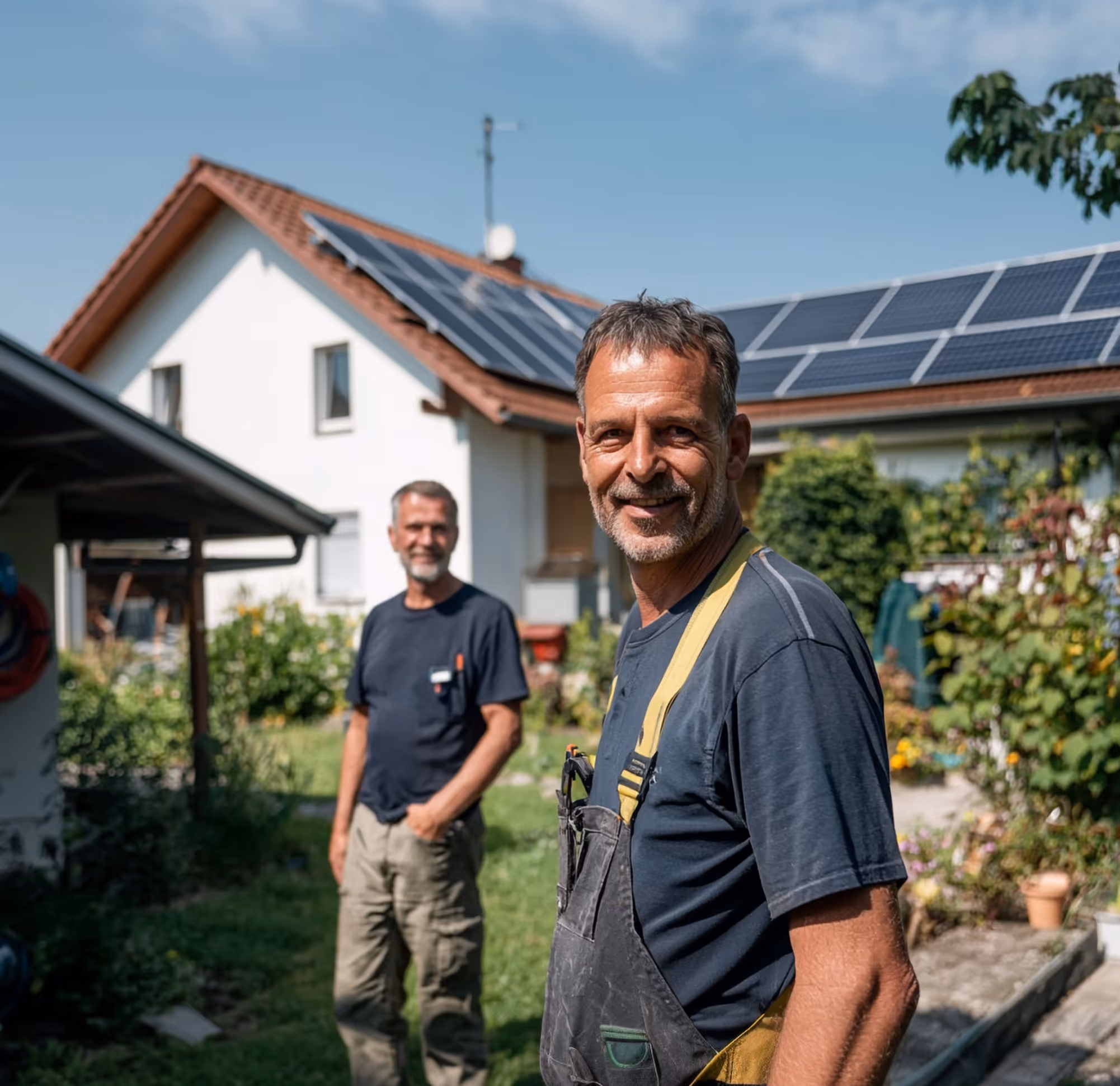 Två hantverkare står framför ett hus med solpaneler på taket.