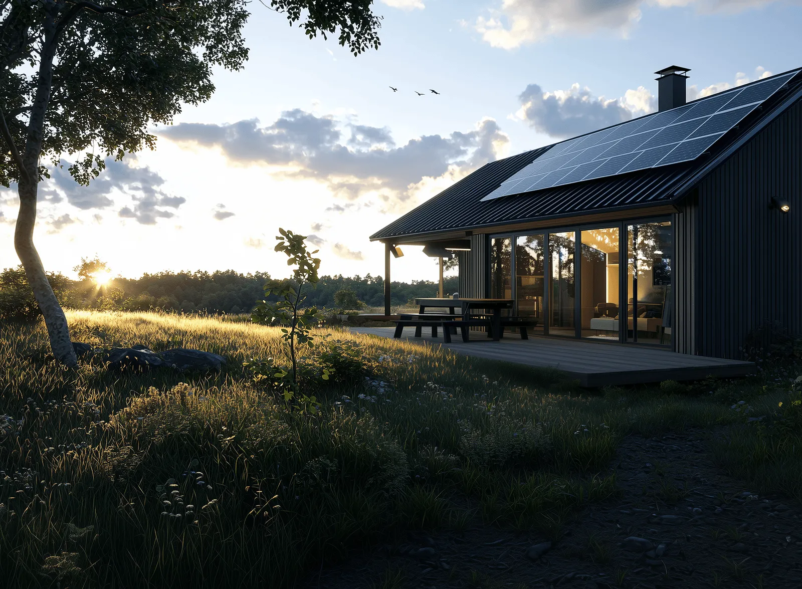Modernt trähus med framsida med stora glasfönster och solcellsanläggning på taket, omgivet av en solig äng och träd i solnedgången.