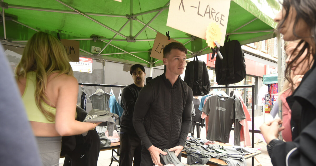 Gymshark CEO Ben Francis surprised shoppers at London's Lower Marshes market with a pop up Gymshark stall selling discount itemsp 