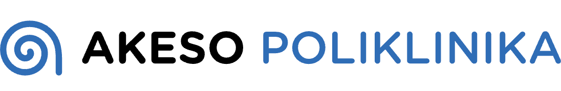 Logo AKESO POLIKLINIKA s modrým spirálovým symbolem vlevo.