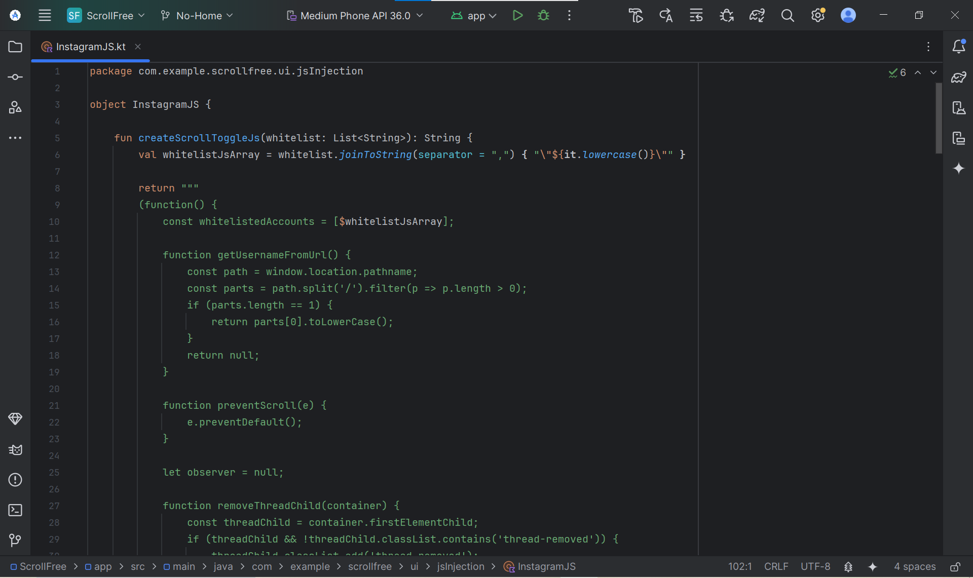 Android Studio Screenshot Displaying ScrollFree Code