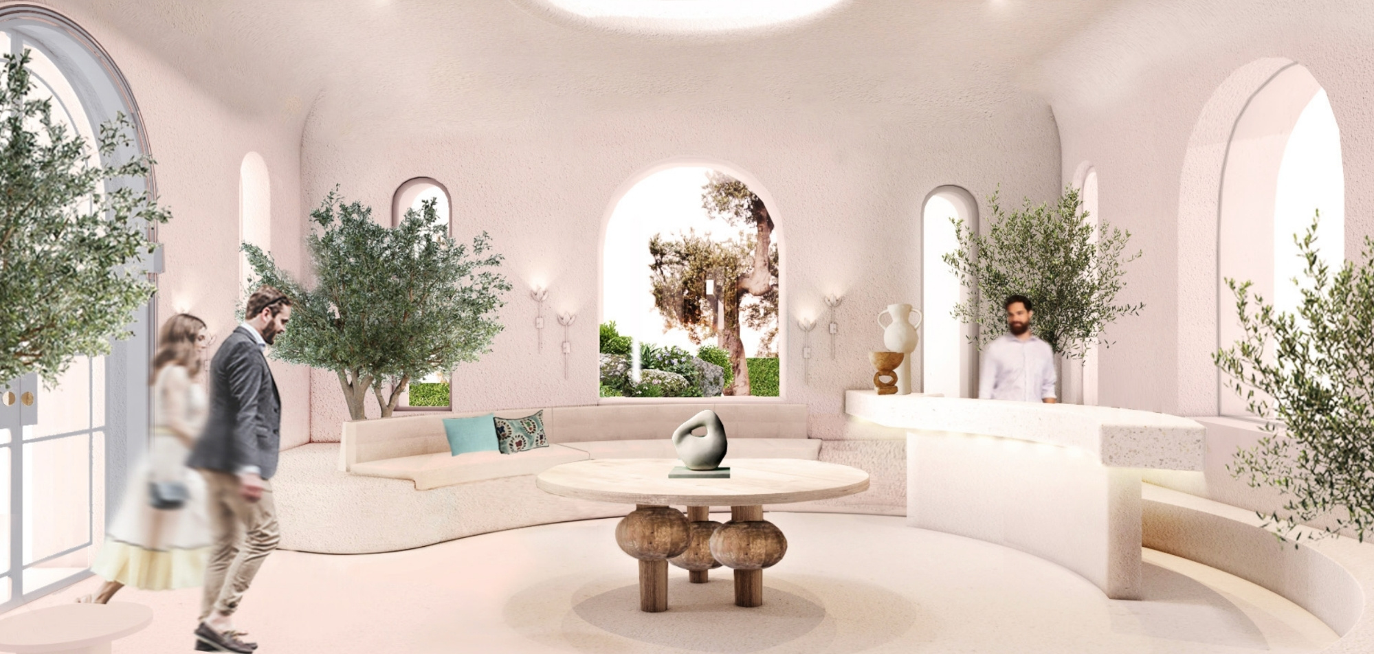 Minimalist interior with curved cream seating, arched windows, potted plants, and sculptural accents.
