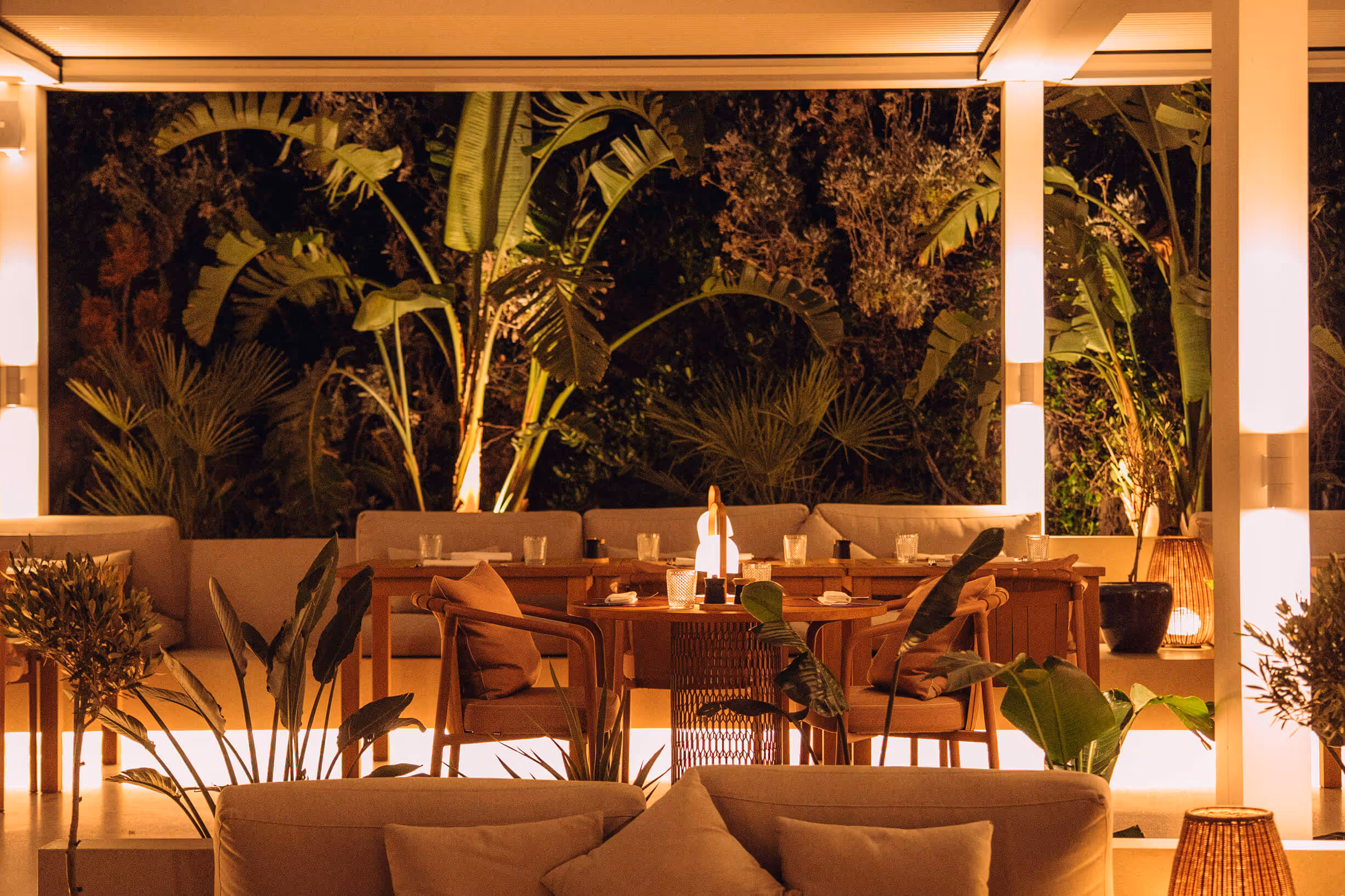 Elegant restaurant interior with tropical plant backdrop, wooden dining furniture, warm lighting