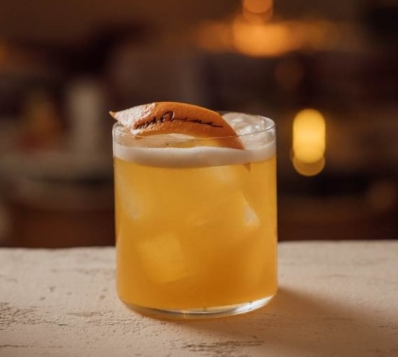 Amber cocktail with ice and toasted almond garnish on warm bar backdrop