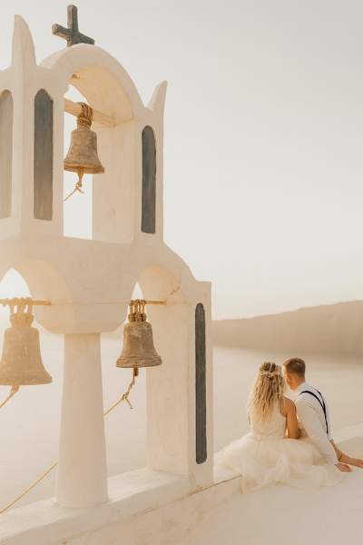 Couple sitting by whitewashed church with golden bells in sandy desert landscape.