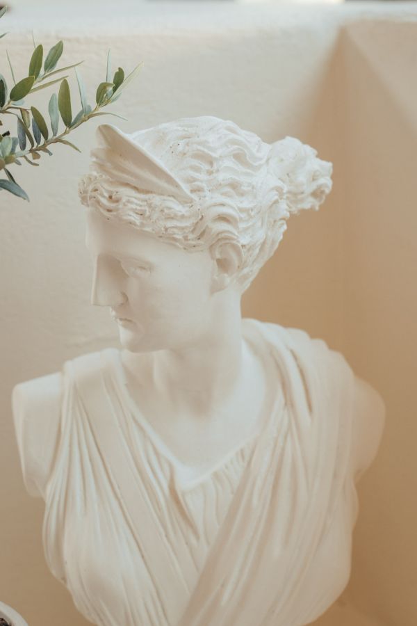 White classical Greek bust sculpture with draped shoulders and green foliage beside it