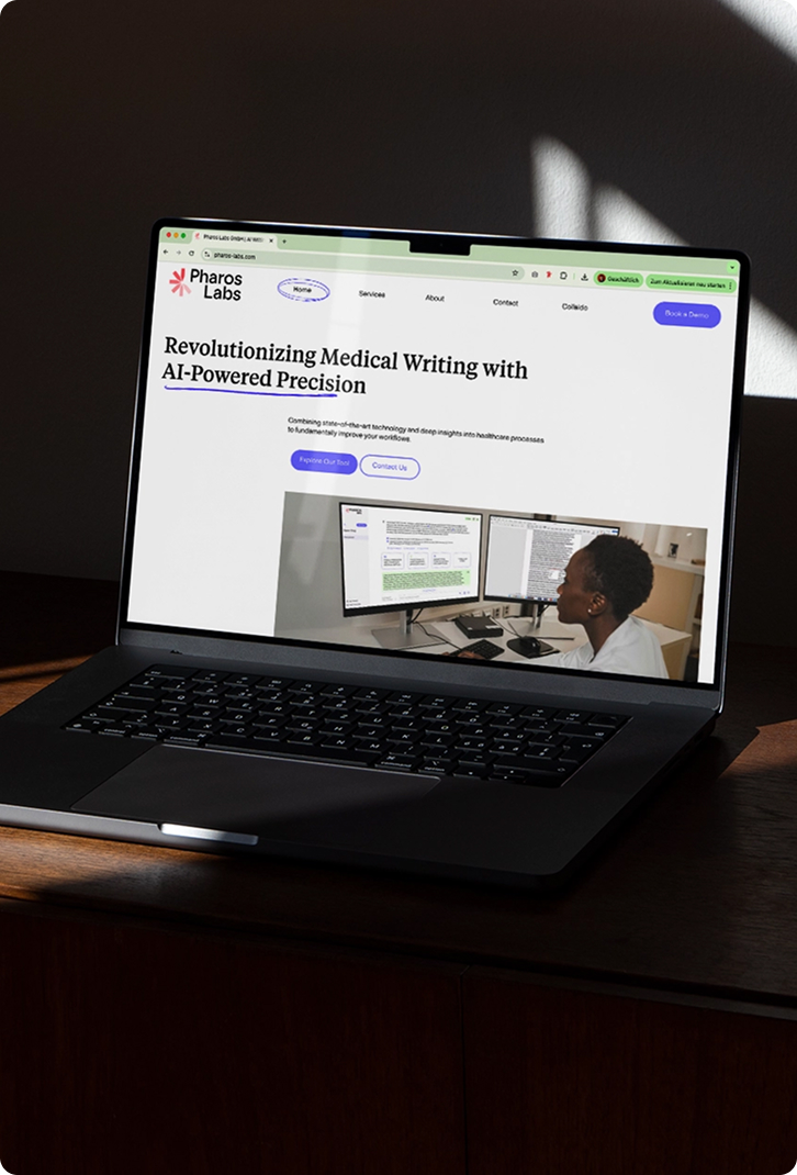 Pharos Labs website design on laptop screen showcasing AI-powered precision for medical writing