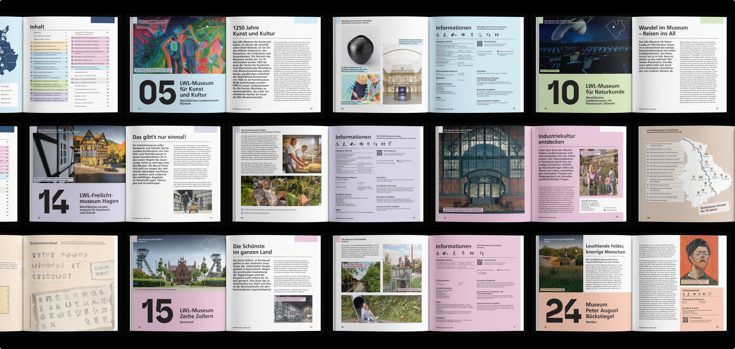Overview of multiple open spreads from the LWL Museumstour 2025 | 2026 publication, showing diverse layouts with images, information sections, color-coded highlights, and editorial design elements.