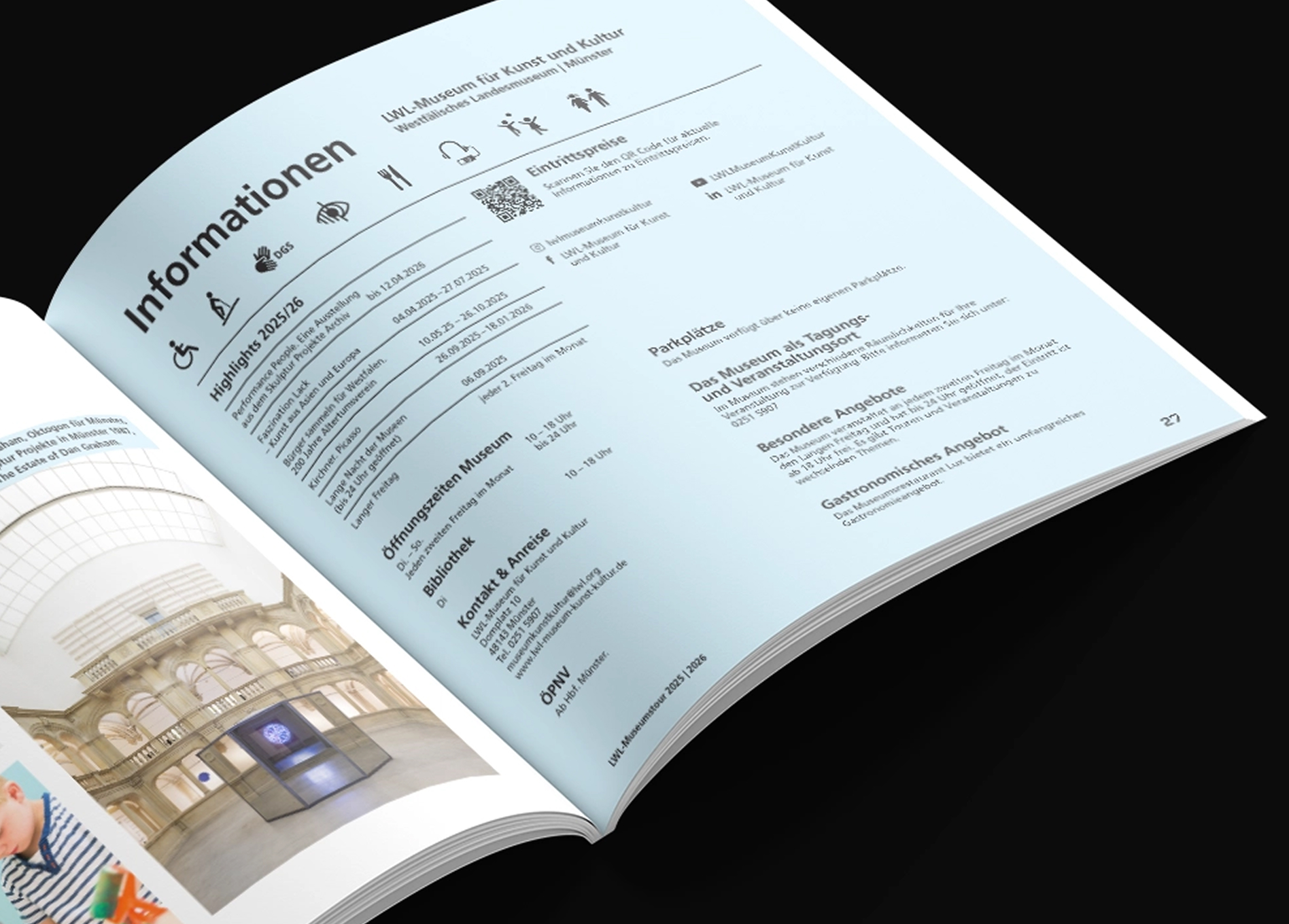 Close-up of an open spread from the LWL Museumstour 2025 | 2026 publication, showing the information page for the Museum für Kunst und Kultur in Münster with opening times, highlights, contact details, and a photo of the museum’s interior.