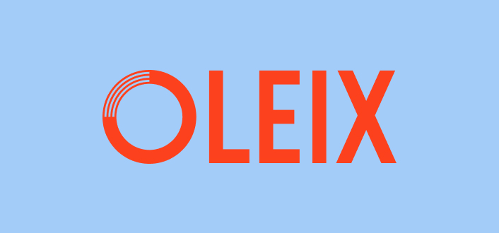 Oleix logo with circular mark and bold typography in red on a light blue background, representing clarity and energy.