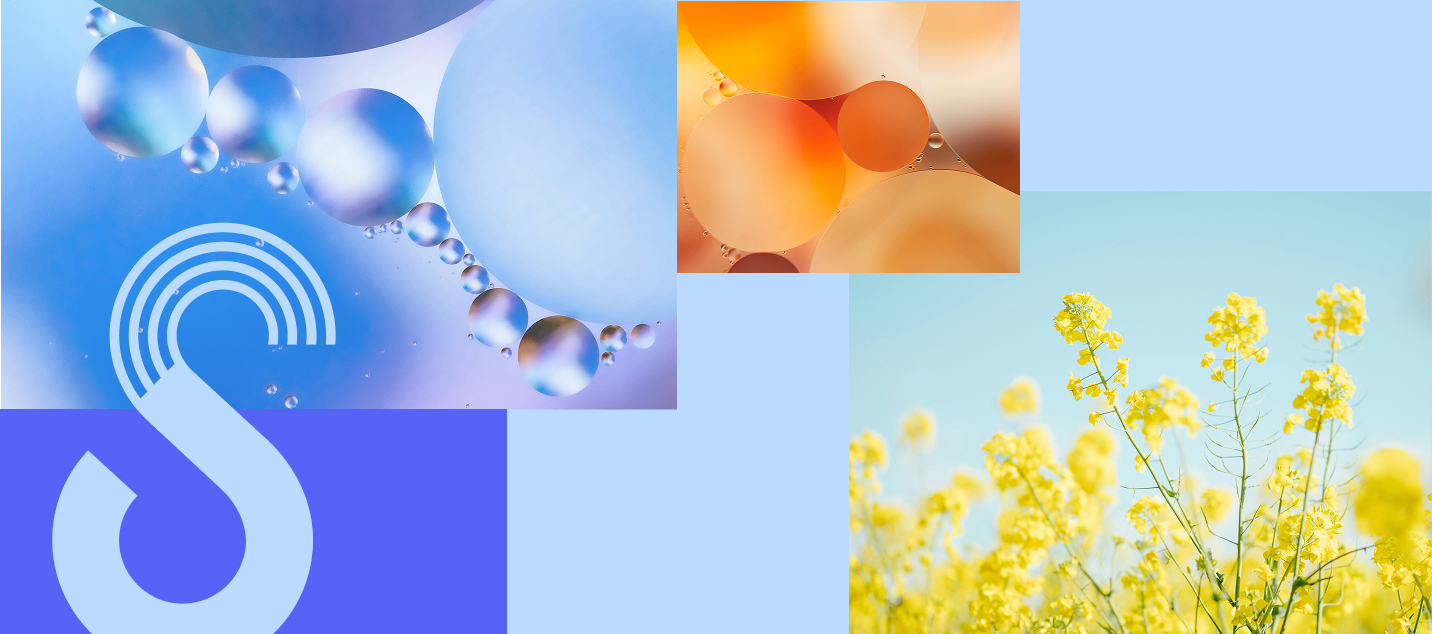 Header image for Simplyfined showing an abstract composition of oil droplets in blue and orange tones, a close-up of yellow flowering plants, and the Simplyfined “S” logo — visually representing innovation, plant-based oils, and sustainability.