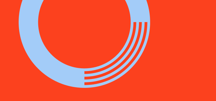 Abstract circular logomark for Oleix in light blue and red, highlighting the brand’s dynamic and modern identity.