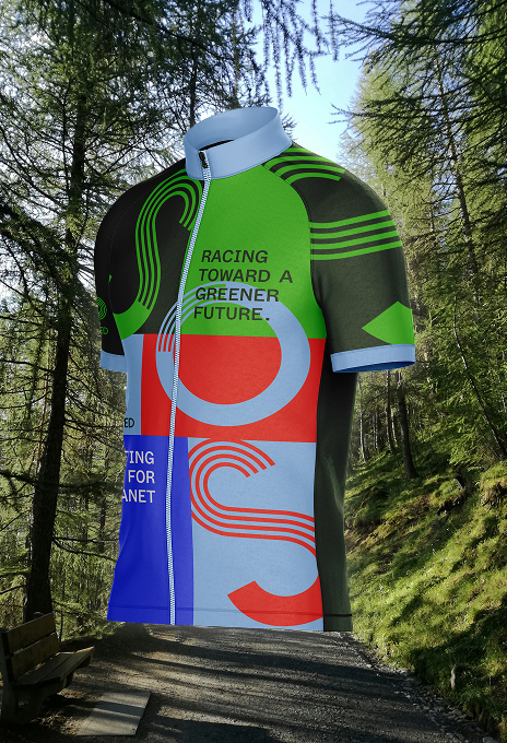 Simplyfined cycling jersey displayed outdoors, featuring the brand’s key visuals, logo elements, and sustainability messaging.