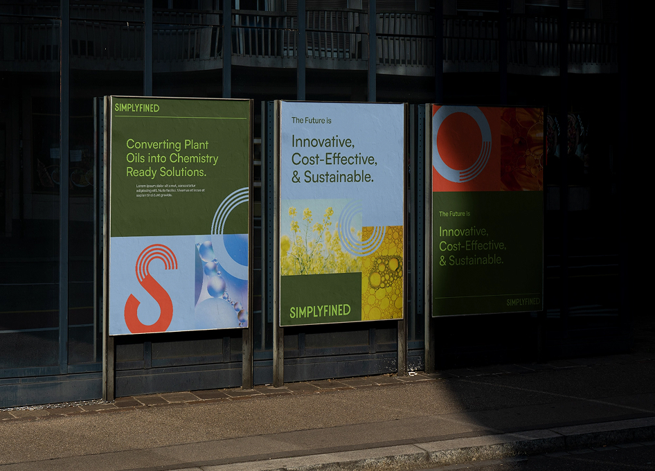 Branded Simplyfined posters displayed outdoors, showcasing the visual identity with bold typography, oil imagery, and the tagline highlighting innovation and sustainability.