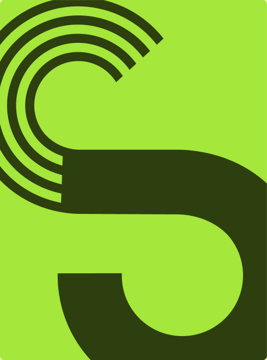 Close-up of the Simplyfined logomark in green, highlighting its dynamic, fluid shape symbolizing transformation and continuous cycles.