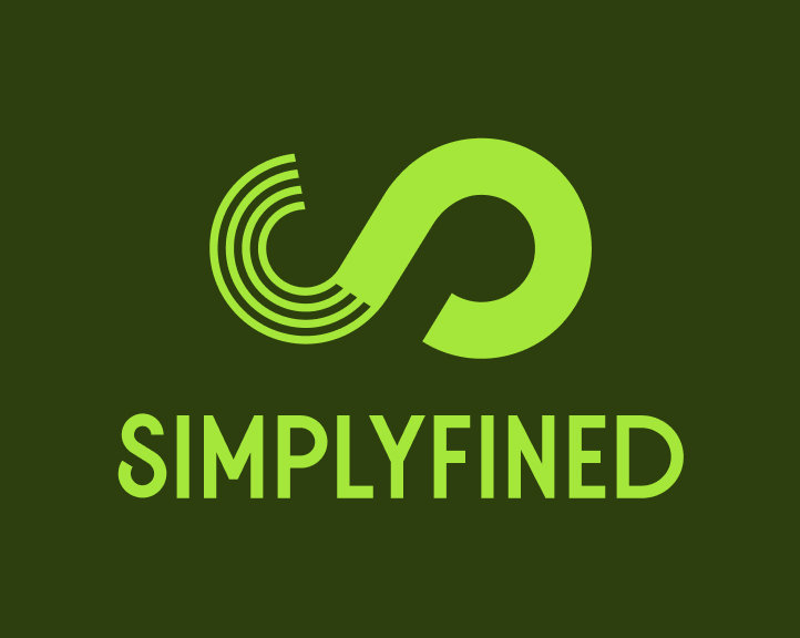 Simplyfined logo in bright green on a dark green background, featuring a dynamic, flowing shape symbolizing transformation and continuity.