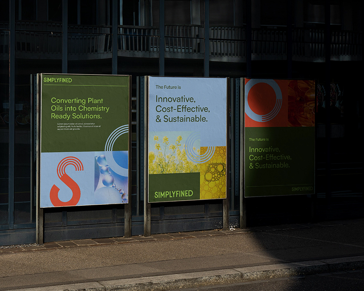 Branded Simplyfined posters displayed outdoors, showcasing the visual identity with bold typography, oil imagery, and the tagline highlighting innovation and sustainability.