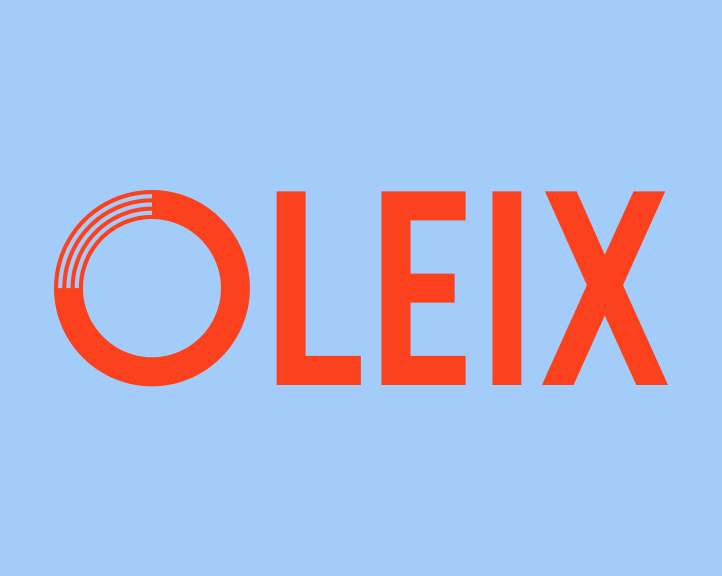 Oleix logo with circular mark and bold typography in red on a light blue background, representing clarity and energy.