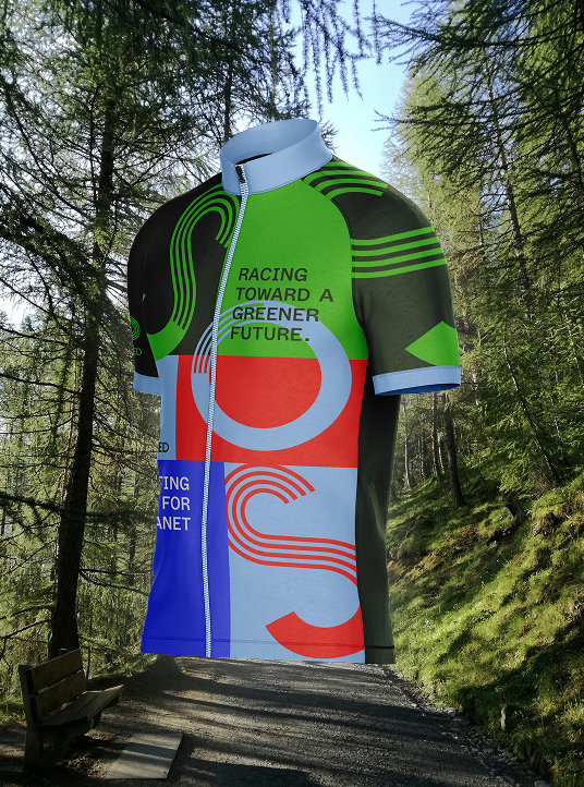 Simplyfined cycling jersey displayed outdoors, featuring the brand’s key visuals, logo elements, and sustainability messaging.