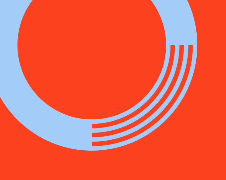 Abstract circular logomark for Oleix in light blue and red, highlighting the brand’s dynamic and modern identity.