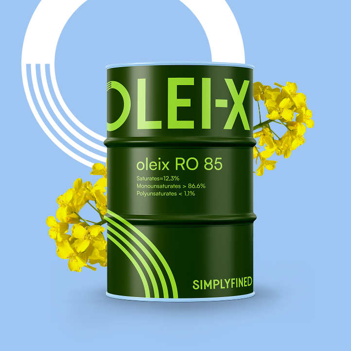 Oleix oil barrel designed for Simplyfined, featuring a bold green label, product name, and rapeseed flowers, representing sustainability and performance.