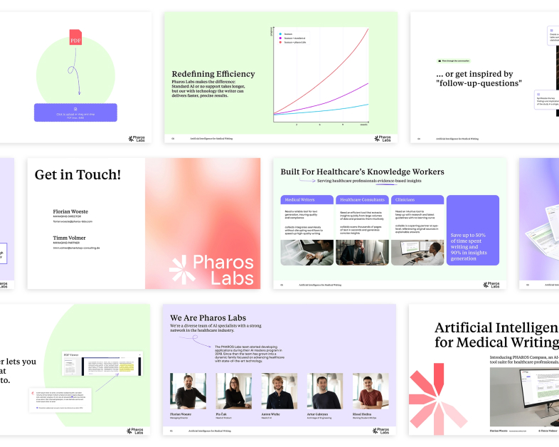 Pitch-Deck-Folien für Pharos Labs, auf denen KI-gestützte medizinische Schreibwerkzeuge und Lösungen für das Gesundheitswesen vorgestellt werden