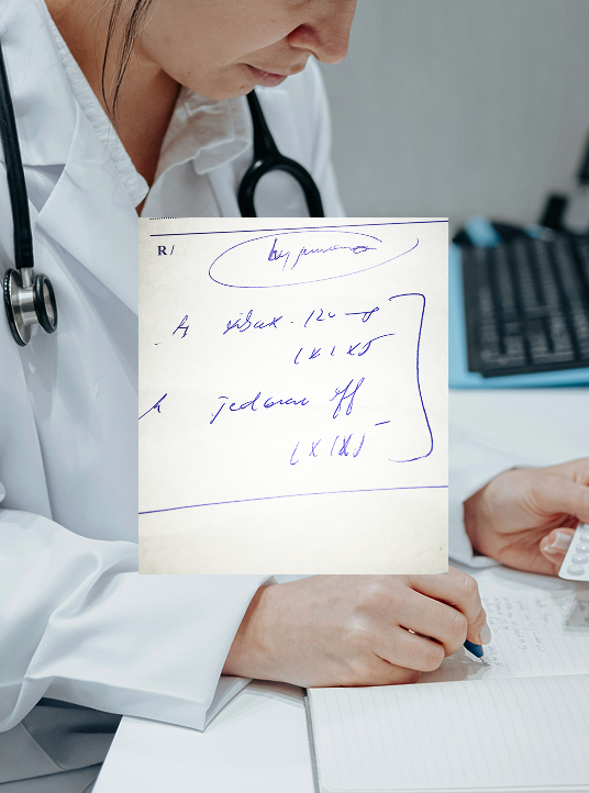 Arzt schreibt medizinische Notizen mit Verschreibungs-Overlay, visuelles Konzept von Studio Tülü für Pharos Labs Healthcare Branding.