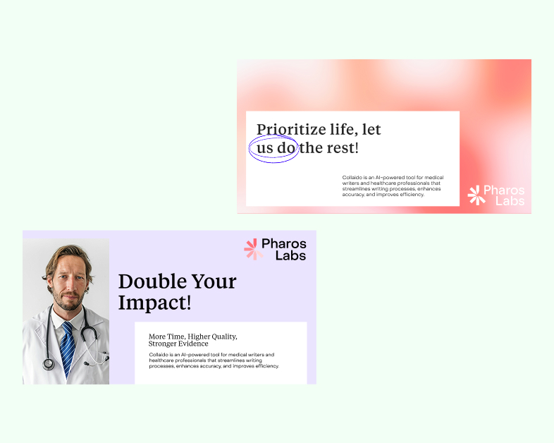 LinkedIn-Werbedesigns von Pharos Labs mit Ärzten und Kampagnenslogans, die von Studio Tülü für KI-gestütztes Branding im Gesundheitswesen erstellt wurden.