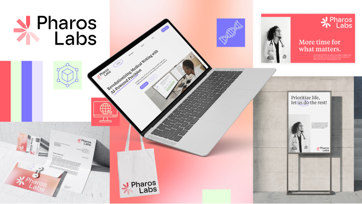 Überblick über das Branding von Pharos Labs mit digitalen Anwendungen, Geschäftsdrucksachen und Werbemodellen