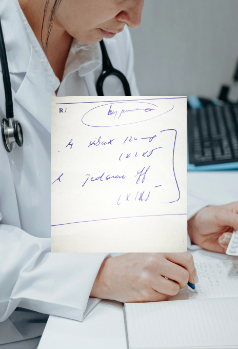 Arzt schreibt medizinische Notizen mit Verschreibungs-Overlay, visuelles Konzept von Studio Tülü für Pharos Labs Healthcare Branding.