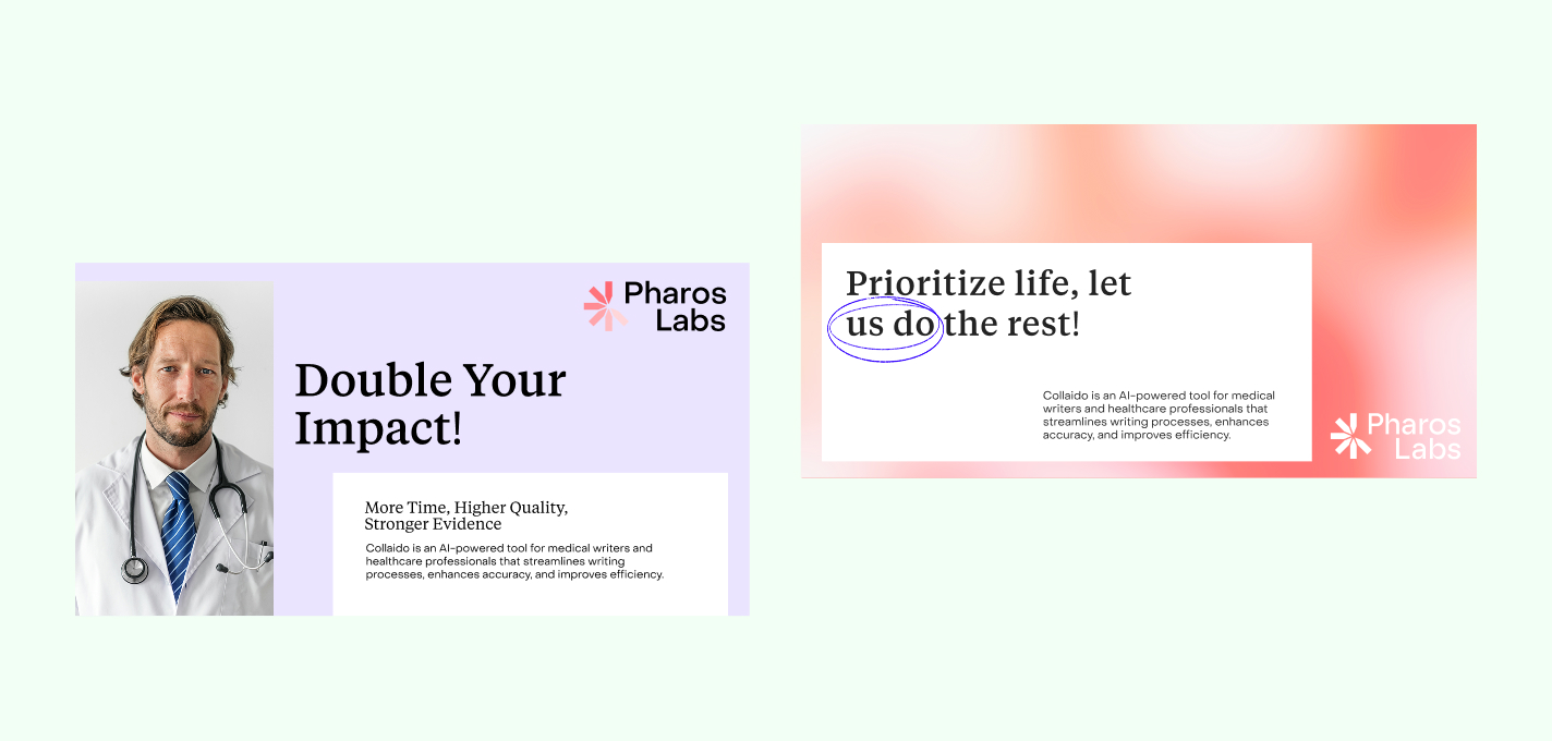 LinkedIn-Werbedesigns von Pharos Labs mit Ärzten und Kampagnenslogans, die von Studio Tülü für KI-gestütztes Branding im Gesundheitswesen erstellt wurden.