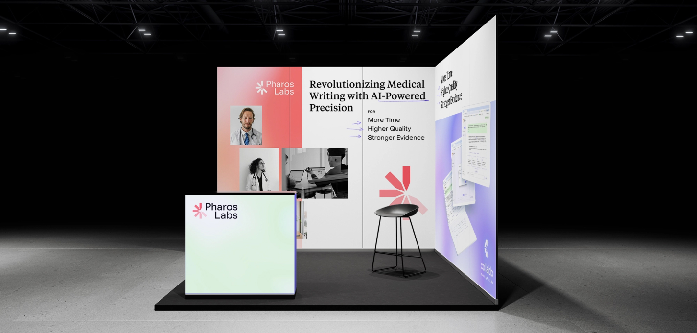 Messestanddesign für Pharos Labs präsentiert KI-gestützte medizinische Schreibsoftware mit moderner Grafik