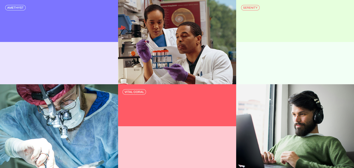 Farbpalette der Marke Pharos Labs mit medizinischem Fachpersonal in Labor und Chirurgie, entworfen von Studio Tülü.