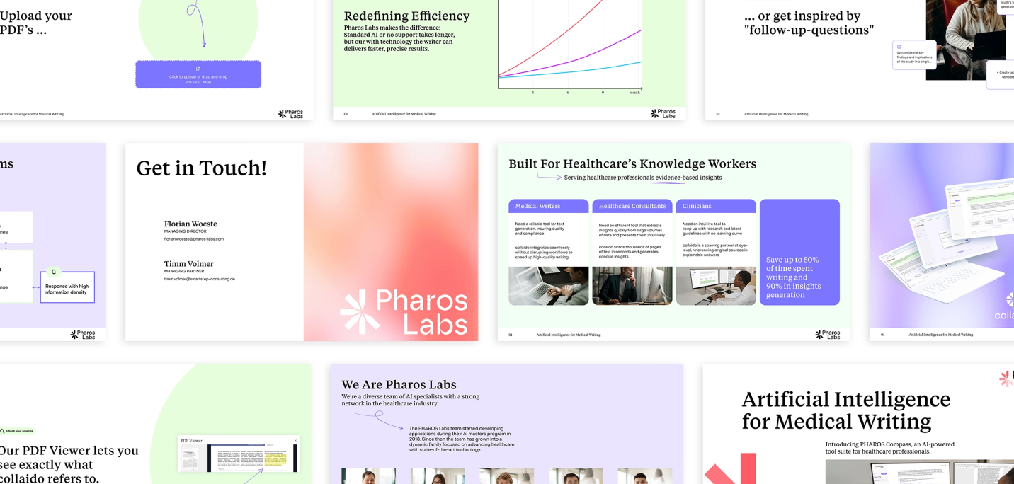 Pitch-Deck-Folien für Pharos Labs, auf denen KI-gestützte medizinische Schreibwerkzeuge und Lösungen für das Gesundheitswesen vorgestellt werden