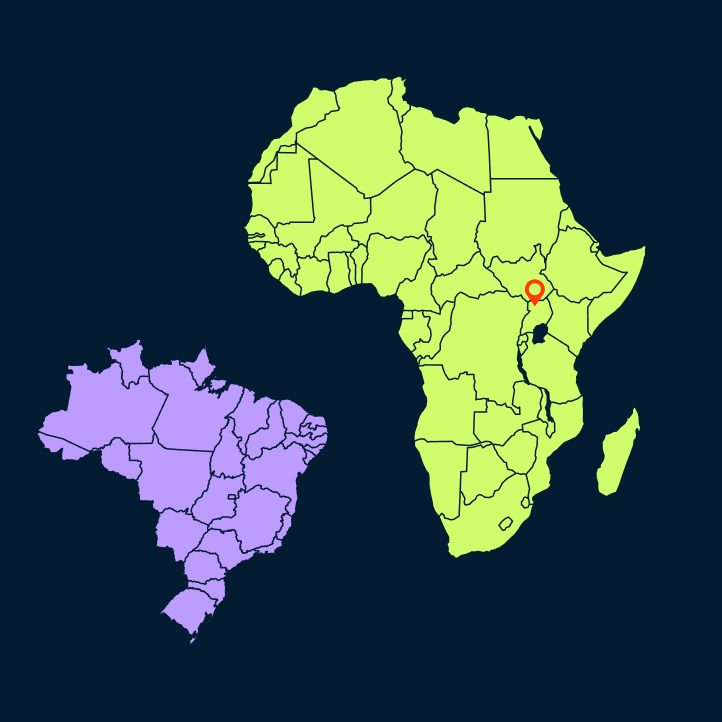 Karte mit den beiden Ländern, in denen Bridging Gaps seinen Betrieb aufnahm: Uganda, markiert in Ostafrika, und Brasilien, hervorgehoben in Südamerika.