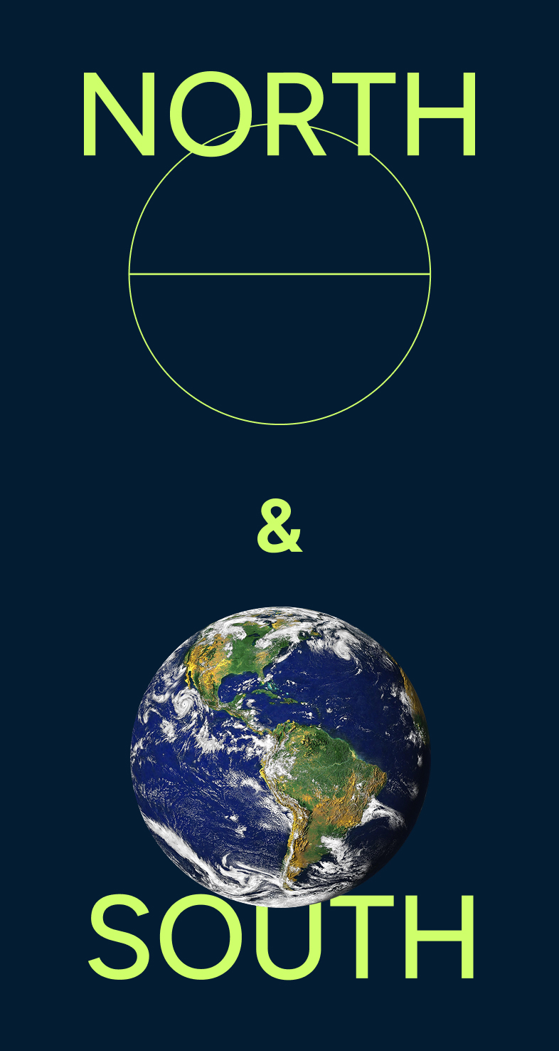 Grafik mit den Worten „North & South“ neben einem Globus, die die Verbindung zwischen dem globalen Norden und dem globalen Süden veranschaulicht.