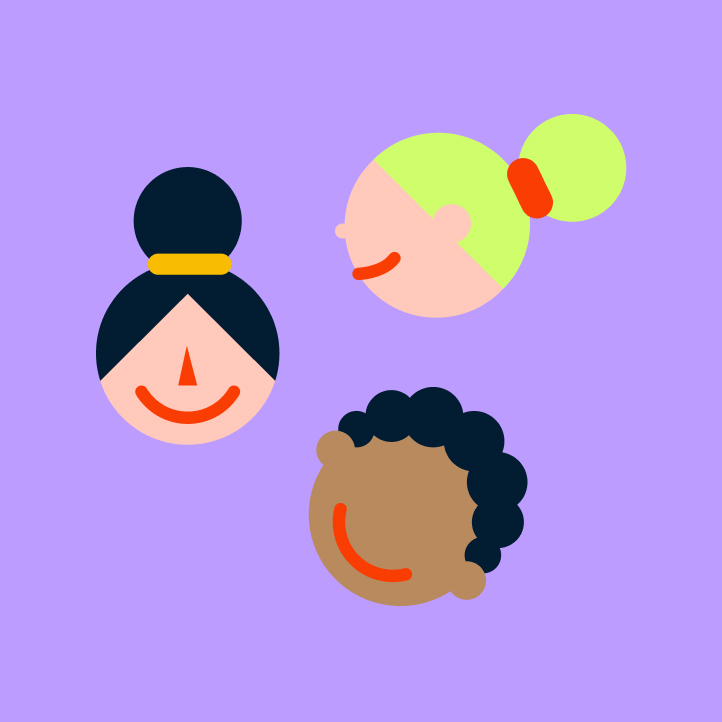 Abbildung von drei lächelnden Gesichtern in einfachen geometrischen Formen und leuchtenden Farben, die Vielfalt und Gemeinschaft symbolisieren.