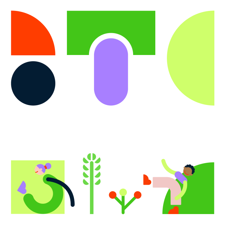 Illustrationssystem für Bridging Gaps mit farbenfrohen geometrischen Formen und verspielten Figuren, die Zusammenarbeit und Bausteine für Neuanfänge symbolisieren.