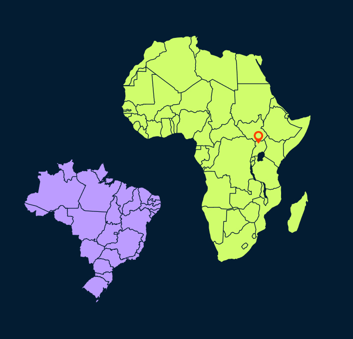 Karte mit den beiden Ländern, in denen Bridging Gaps seinen Betrieb aufnahm: Uganda, markiert in Ostafrika, und Brasilien, hervorgehoben in Südamerika.