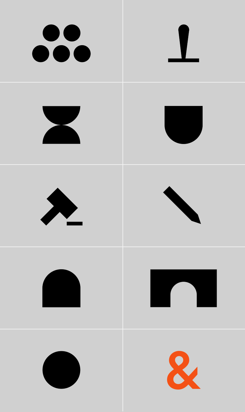 Überblick über die Tätigkeitsbereiche von Dr. Strautmann & Sundermann, jeweils dargestellt durch minimalistische schwarze Piktogramme auf einem grauen Raster: Symbole für Familienrecht, Notariat, Arbeitsrecht, geistiges Eigentum, Strafrecht, Erbrecht, Vertragsrecht, Mietrecht und Verkehrsrecht. Das Logo und der Name der Firma werden unten rechts angezeigt, wobei das Und-Zeichen orange hervorgehoben ist.