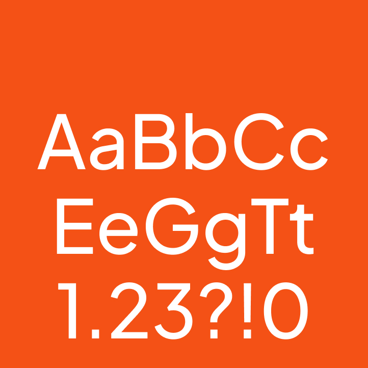 Fettgedruckter orangefarbener Hintergrund mit dem Jakarta Sans-Alphabet (AabbCC EEGGTT) zusammen mit Zahlen und Symbolen (1.23?! 0), was die Klarheit und das geometrische Design unterstreicht.