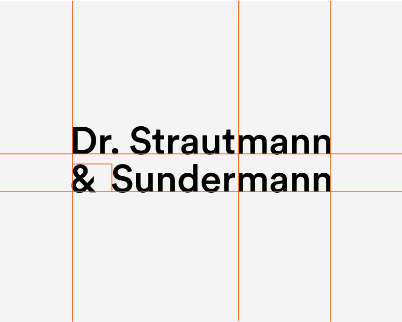 Die Logotypografie von Dr. Strautmann & Sundermann auf einem Raster mit roten Ausrichtungslinien unterstreicht die präzise Konstruktion und Ausgewogenheit der Wortmarke der Marke.