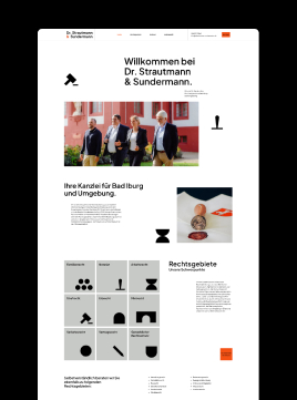 Screenshot der neu gestalteten Homepage der Anwaltskanzlei Dr. Strautmann & Sundermann mit einem übersichtlichen Layout mit strukturierten Abschnitten, Bildern des Teams und einer fett gedruckten, auf Symbolen basierenden Navigation für verschiedene Rechtsbereiche.