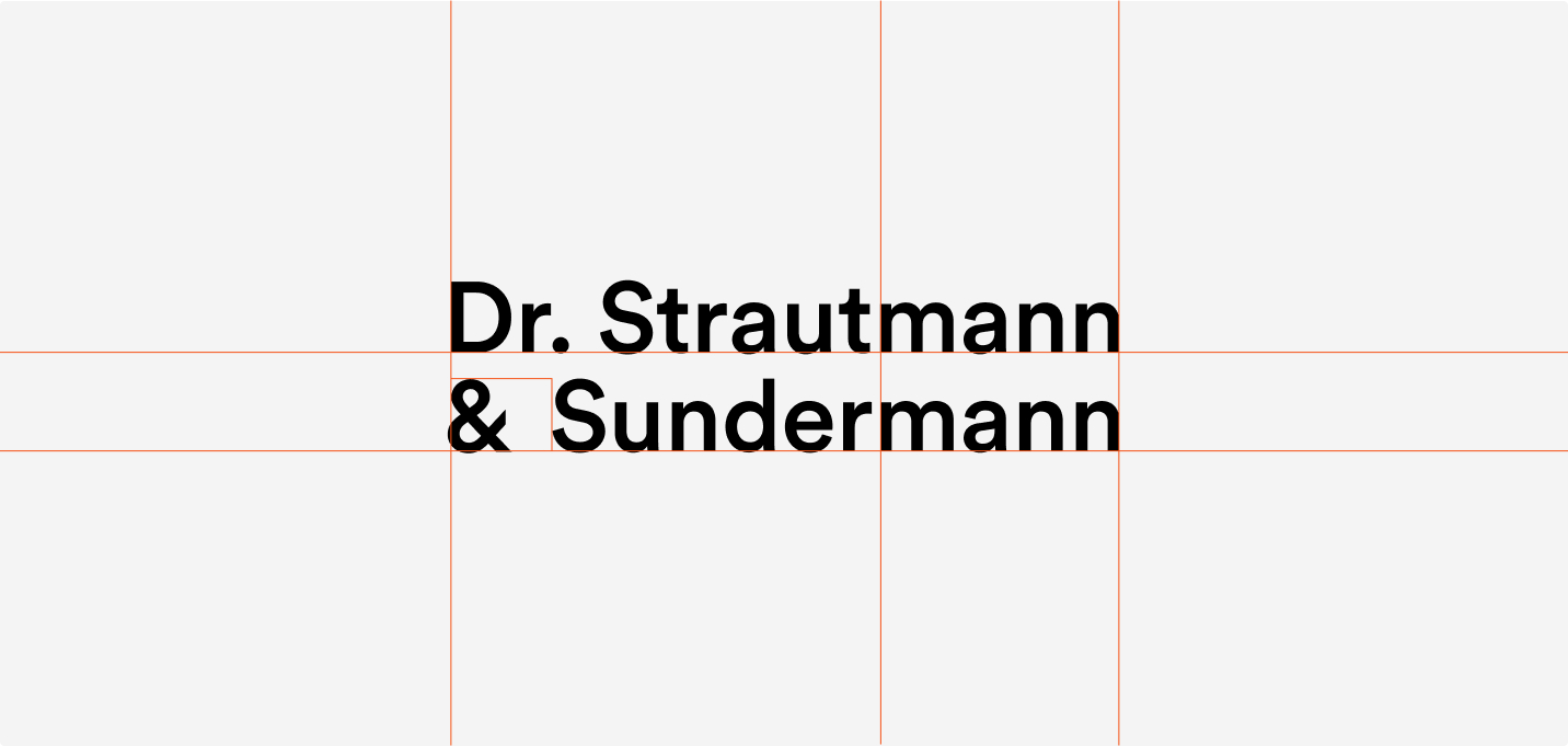 Die Logotypografie von Dr. Strautmann & Sundermann auf einem Raster mit roten Ausrichtungslinien unterstreicht die präzise Konstruktion und Ausgewogenheit der Wortmarke der Marke.