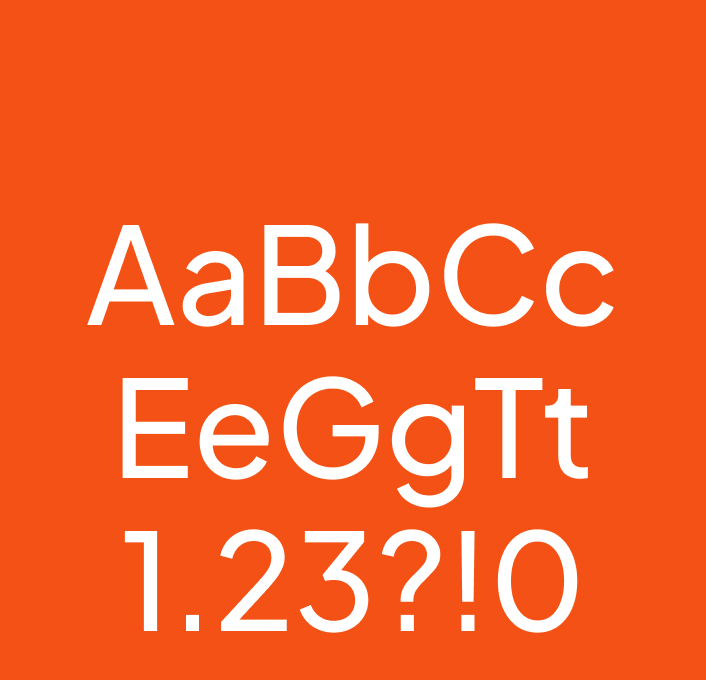 Fettgedruckter orangefarbener Hintergrund mit dem Jakarta Sans-Alphabet (AabbCC EEGGTT) zusammen mit Zahlen und Symbolen (1.23?! 0), was die Klarheit und das geometrische Design unterstreicht.