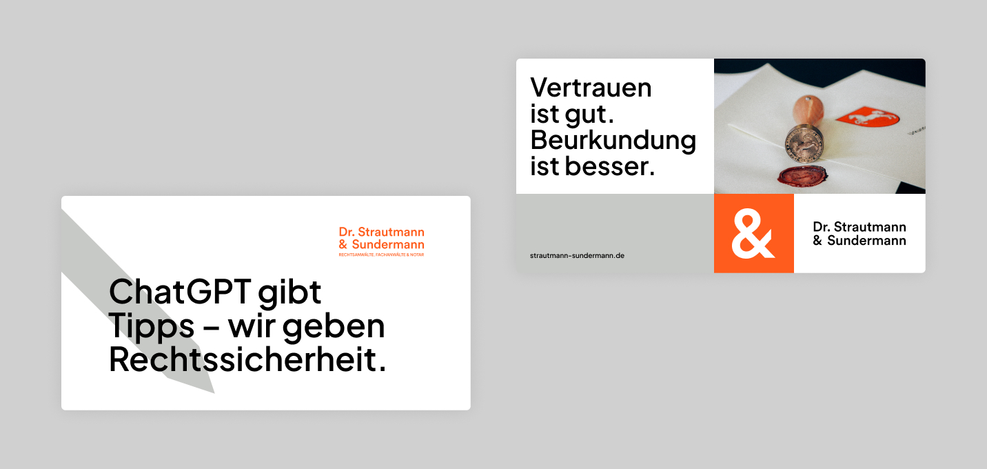 Zwei Werbemodelle für die Anwaltskanzlei Dr. Strautmann & Sundermann — eines mit dem Slogan „ChatGPT gibt Tipps — wir geben Rechtssicherheit“ und eines mit „Vertrauen ist gut. Beurkundung ist besser „, neben dem Logo und der Siegelbildsprache der Kanzlei.