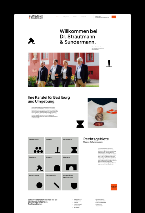 Screenshot der neu gestalteten Homepage der Anwaltskanzlei Dr. Strautmann & Sundermann mit einem übersichtlichen Layout mit strukturierten Abschnitten, Bildern des Teams und einer fett gedruckten, auf Symbolen basierenden Navigation für verschiedene Rechtsbereiche.
