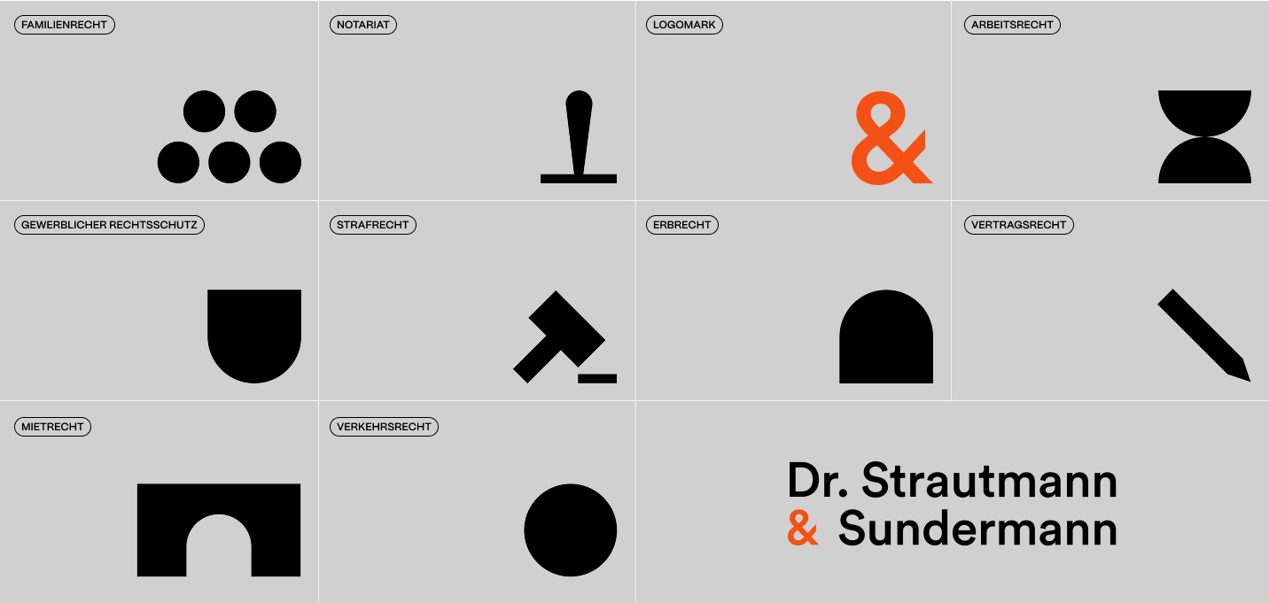 Überblick über die Tätigkeitsbereiche von Dr. Strautmann & Sundermann, jeweils dargestellt durch minimalistische schwarze Piktogramme auf einem grauen Raster: Symbole für Familienrecht, Notariat, Arbeitsrecht, geistiges Eigentum, Strafrecht, Erbrecht, Vertragsrecht, Mietrecht und Verkehrsrecht. Das Logo und der Name der Firma werden unten rechts angezeigt, wobei das Und-Zeichen orange hervorgehoben ist.