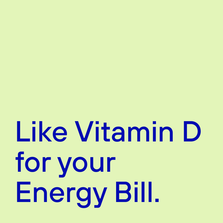 Marineblauer Text auf hellgrünem Hintergrund mit der Aufschrift „Like Vitamin D for your Energy Bill“, der Energiethemen mit einer frischen und optimistischen Botschaft kombiniert.